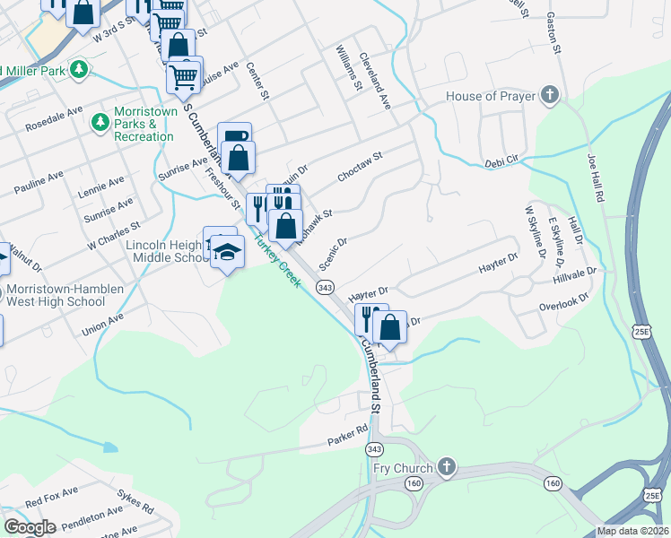 map of restaurants, bars, coffee shops, grocery stores, and more near 1307 South Cumberland Street in Morristown