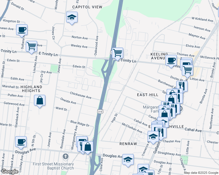 map of restaurants, bars, coffee shops, grocery stores, and more near 905 Cherokee Avenue in Nashville