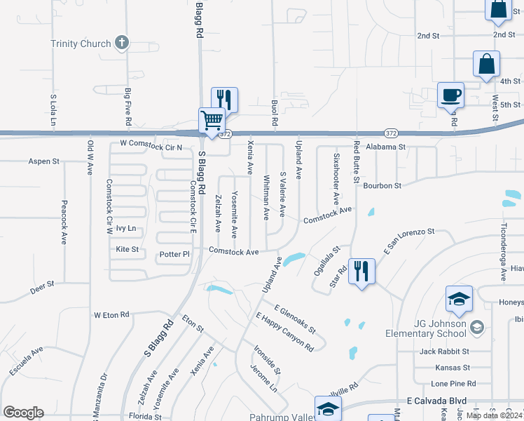 map of restaurants, bars, coffee shops, grocery stores, and more near 1200 Whitman Avenue in Pahrump