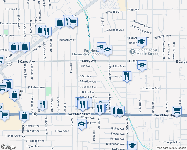 map of restaurants, bars, coffee shops, grocery stores, and more near 3301 East Orr Avenue in North Las Vegas