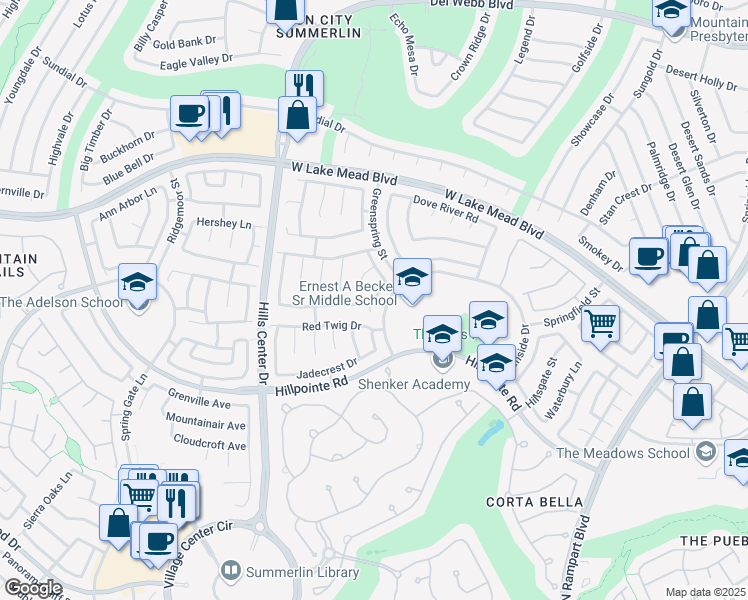 map of restaurants, bars, coffee shops, grocery stores, and more near 9200 Spruce Mountain Way in Las Vegas