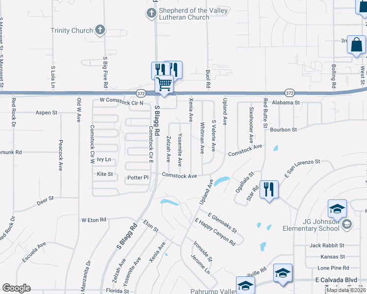map of restaurants, bars, coffee shops, grocery stores, and more near 1201 Yosemite Avenue in Pahrump