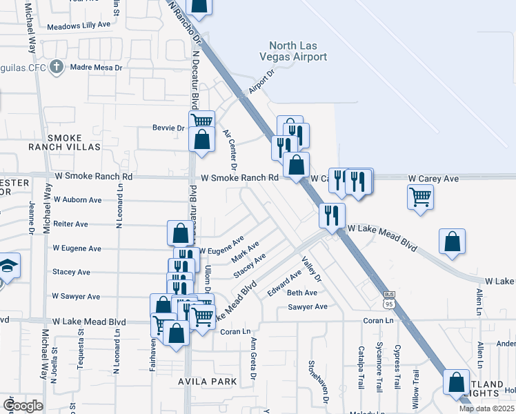 map of restaurants, bars, coffee shops, grocery stores, and more near 2321 Valley Drive in Las Vegas