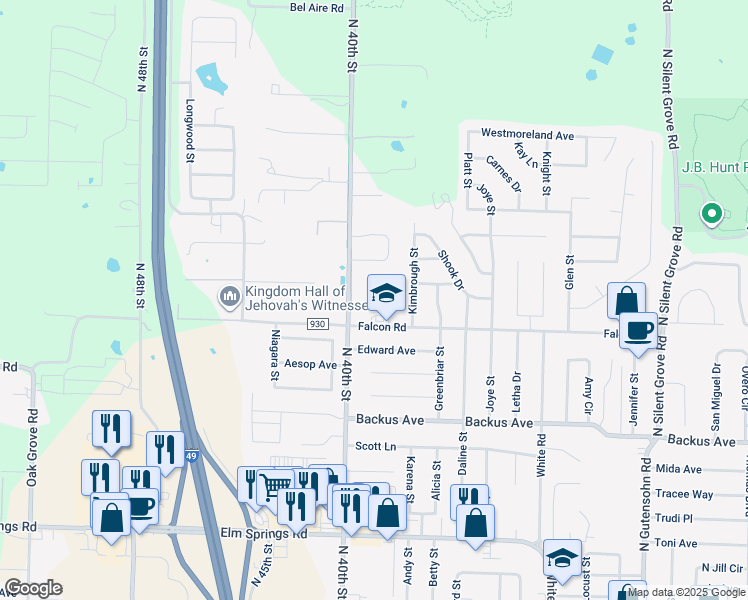 map of restaurants, bars, coffee shops, grocery stores, and more near 3600 Falcon Road in Springdale