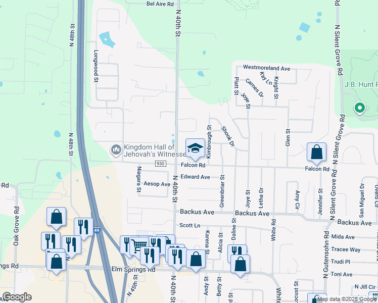 map of restaurants, bars, coffee shops, grocery stores, and more near 3600 Falcon Road in Springdale