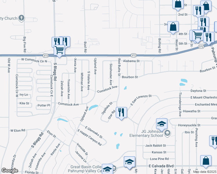 map of restaurants, bars, coffee shops, grocery stores, and more near 1220 South Thunderpass Avenue in Pahrump