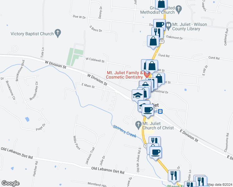 map of restaurants, bars, coffee shops, grocery stores, and more near 109 Hickory Station Lane in Mt. Juliet