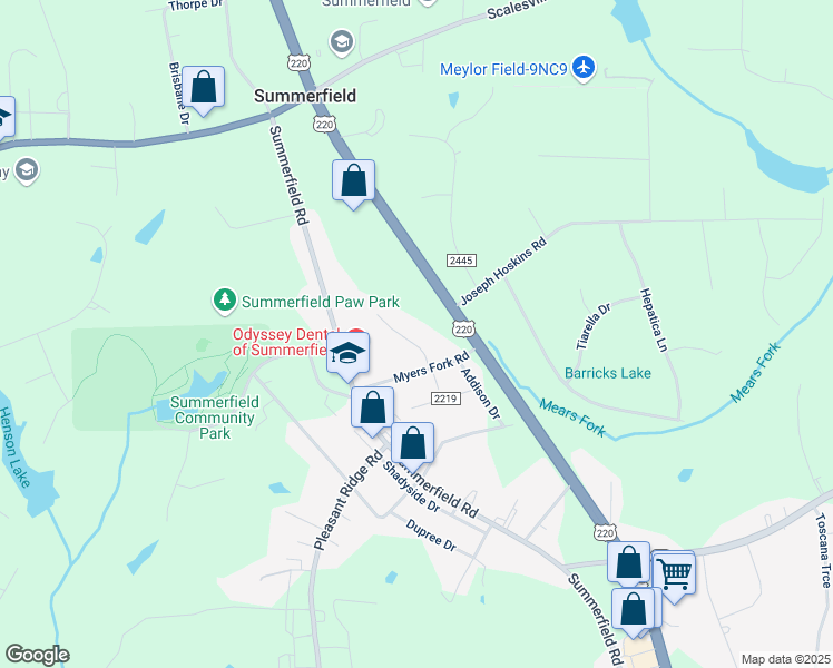 map of restaurants, bars, coffee shops, grocery stores, and more near 7706 Tannery Road in Summerfield