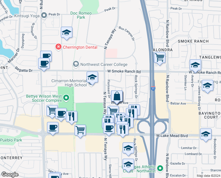 map of restaurants, bars, coffee shops, grocery stores, and more near 2232 Florissant Drive in Las Vegas