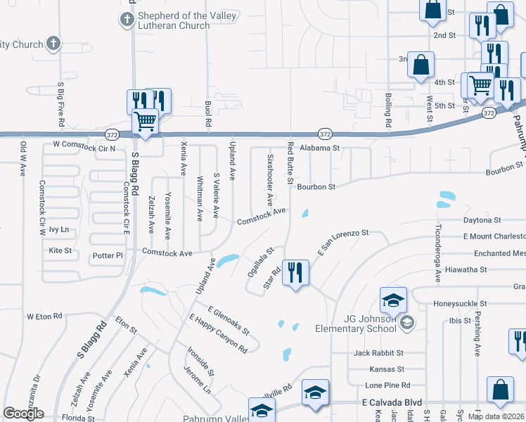 map of restaurants, bars, coffee shops, grocery stores, and more near 448 Comstock Avenue in Pahrump