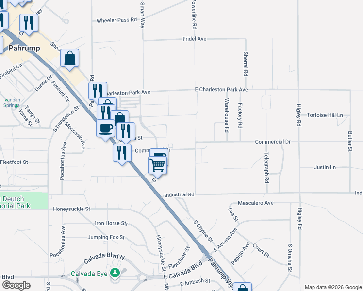 map of restaurants, bars, coffee shops, grocery stores, and more near 2451 Commercial Drive in Pahrump