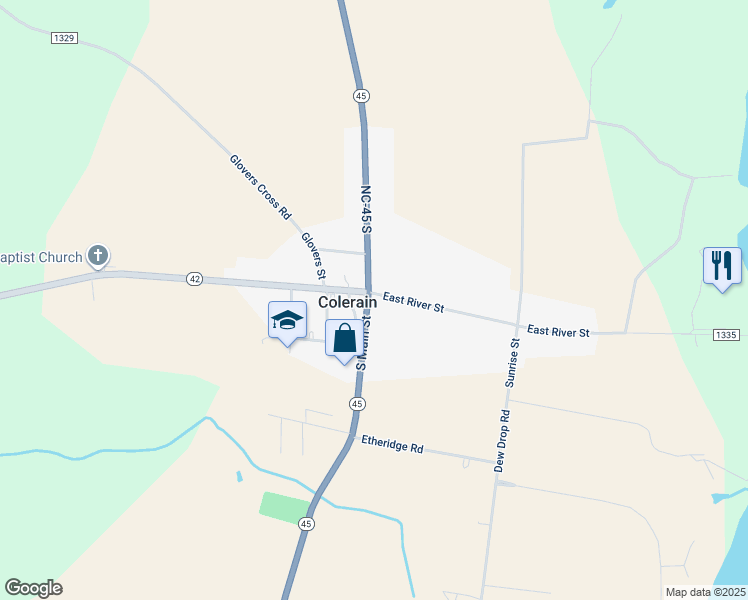 map of restaurants, bars, coffee shops, grocery stores, and more near 101 South Main Street in Colerain