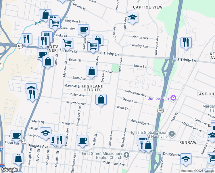 map of restaurants, bars, coffee shops, grocery stores, and more near 1830 Joy Circle in Nashville