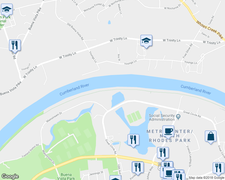 map of restaurants, bars, coffee shops, grocery stores, and more near Cumberland River Greenway in Nashville
