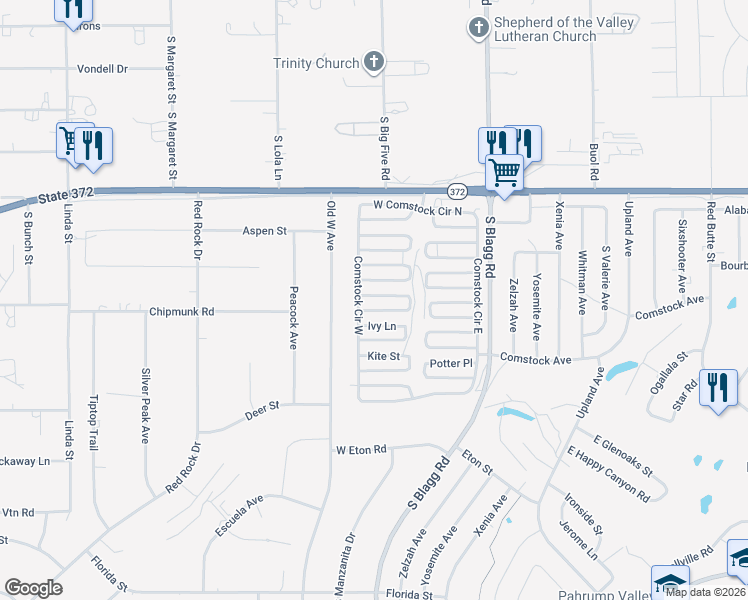 map of restaurants, bars, coffee shops, grocery stores, and more near 291 Greenwater Street in Pahrump