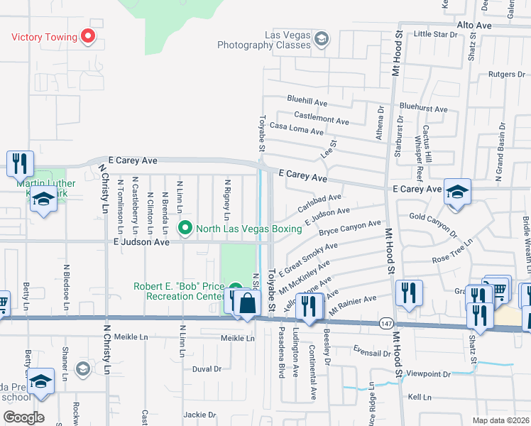 map of restaurants, bars, coffee shops, grocery stores, and more near 2273 Toiyabe Street in Las Vegas