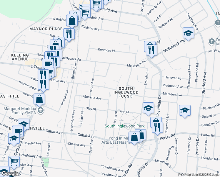 map of restaurants, bars, coffee shops, grocery stores, and more near Litton Avenue in Nashville