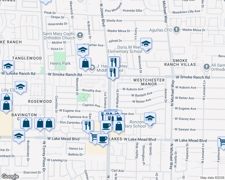 map of restaurants, bars, coffee shops, grocery stores, and more near 2241 La Sombra Street in Las Vegas