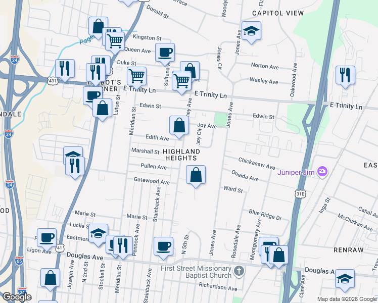 map of restaurants, bars, coffee shops, grocery stores, and more near 1605 Lischey Avenue in Nashville