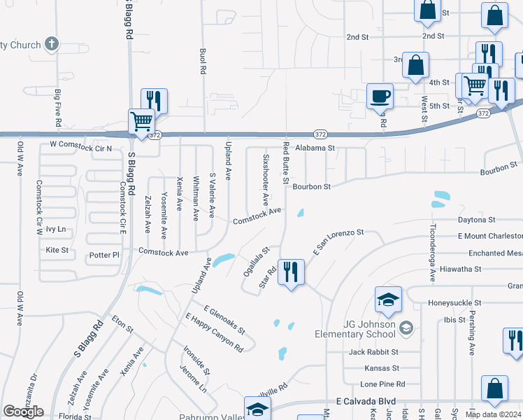 map of restaurants, bars, coffee shops, grocery stores, and more near 460 Comstock Avenue in Pahrump