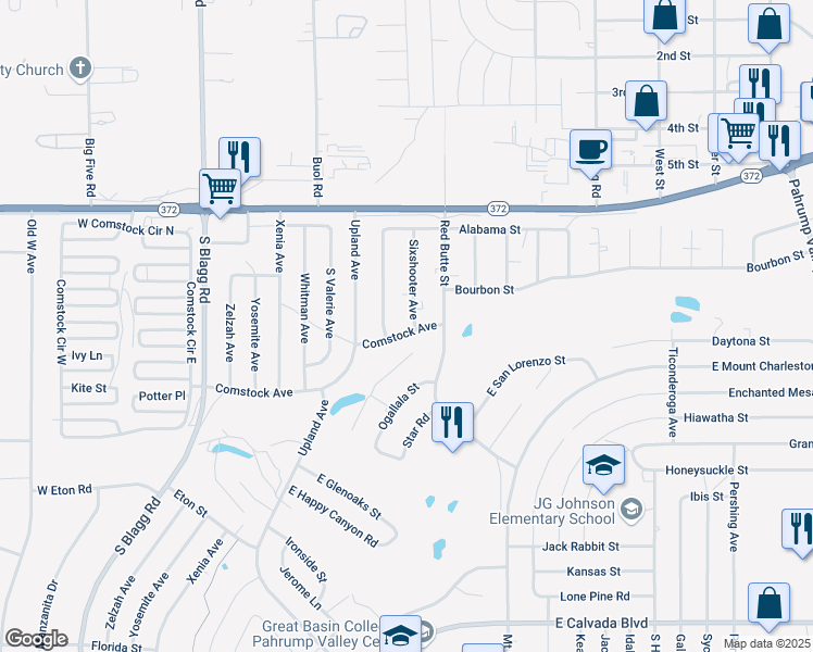 map of restaurants, bars, coffee shops, grocery stores, and more near 460 Comstock Avenue in Pahrump