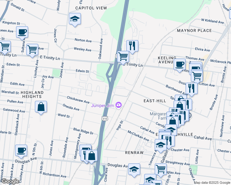 map of restaurants, bars, coffee shops, grocery stores, and more near 905 Cherokee Avenue in Nashville