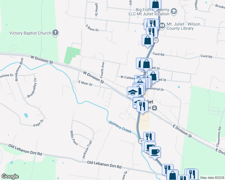 map of restaurants, bars, coffee shops, grocery stores, and more near 117 Hickory Station Lane in Mount Juliet
