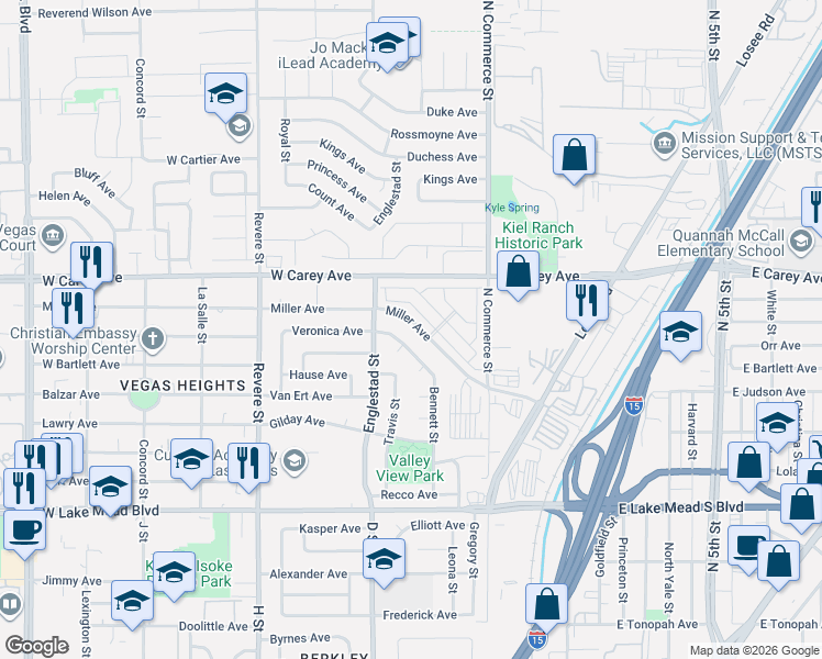 map of restaurants, bars, coffee shops, grocery stores, and more near 424 Elizabeth Avenue in North Las Vegas