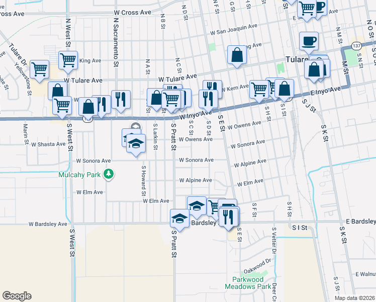 map of restaurants, bars, coffee shops, grocery stores, and more near 459 South C Street in Tulare