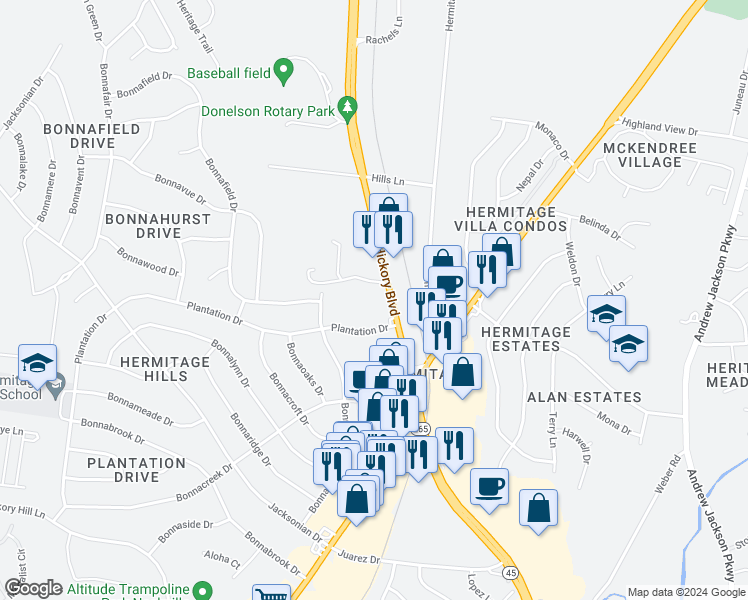 map of restaurants, bars, coffee shops, grocery stores, and more near 4028 Plantation Drive in Nashville