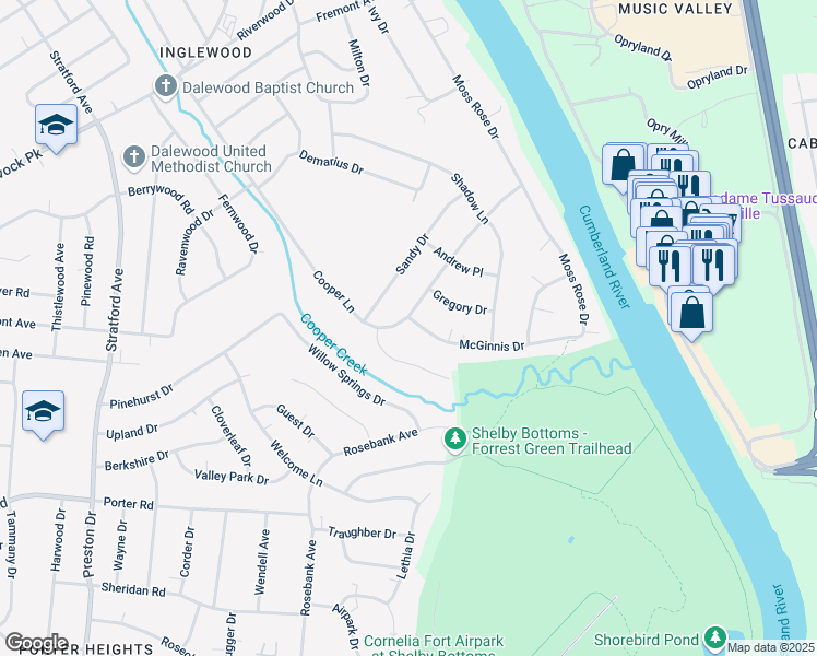 map of restaurants, bars, coffee shops, grocery stores, and more near 2404 McGinnis Drive in Nashville