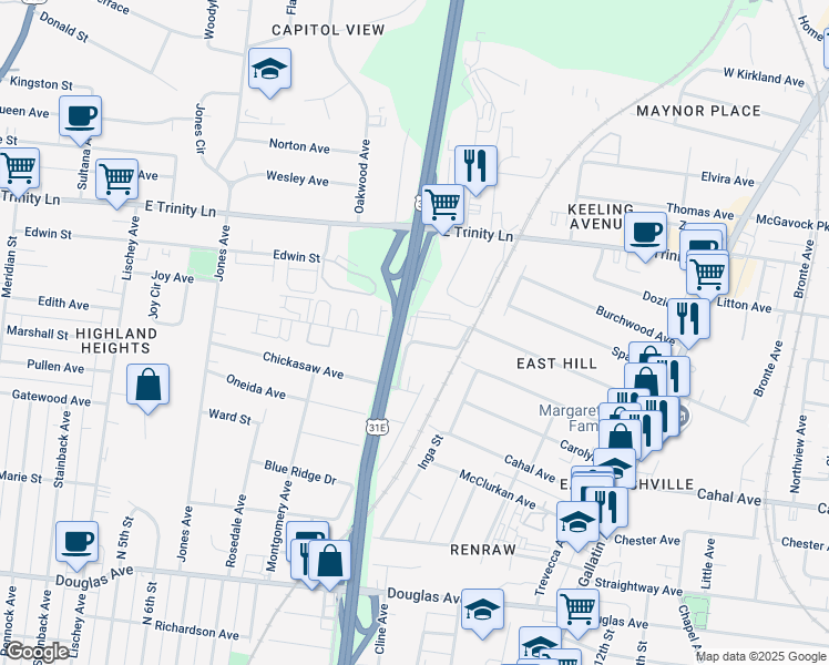 map of restaurants, bars, coffee shops, grocery stores, and more near 905 Cherokee Avenue in Nashville