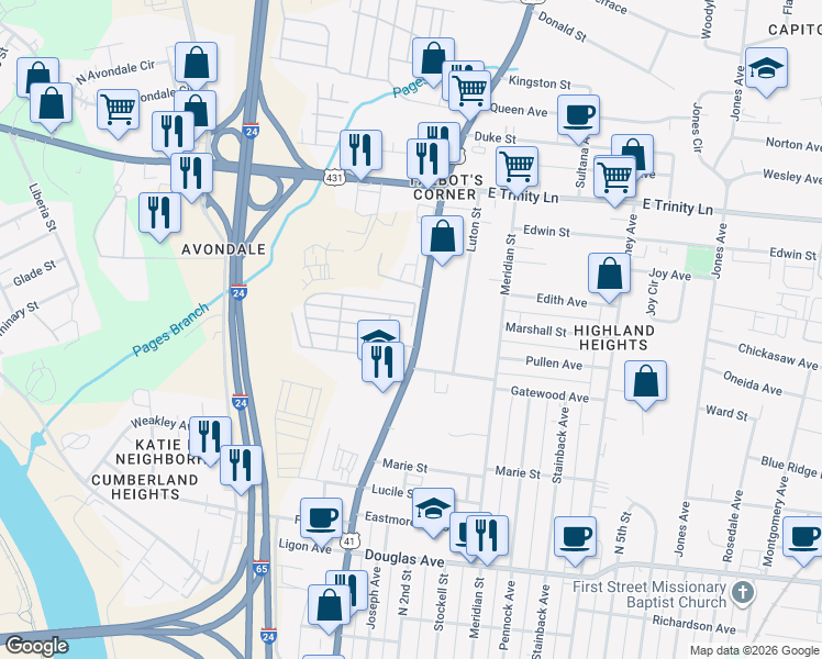 map of restaurants, bars, coffee shops, grocery stores, and more near 1506B Dickerson Pike in Nashville