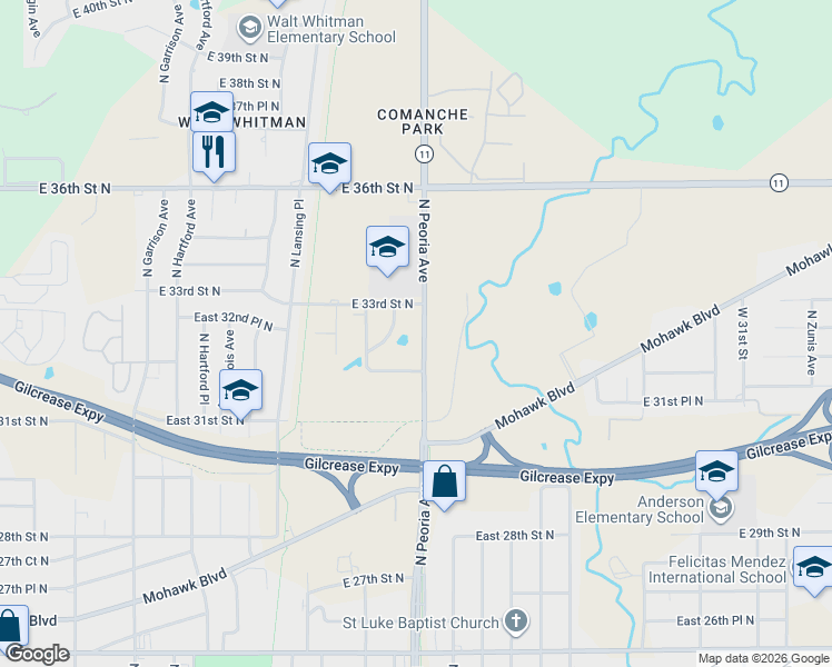 map of restaurants, bars, coffee shops, grocery stores, and more near 1111 East 32nd Place North in Tulsa