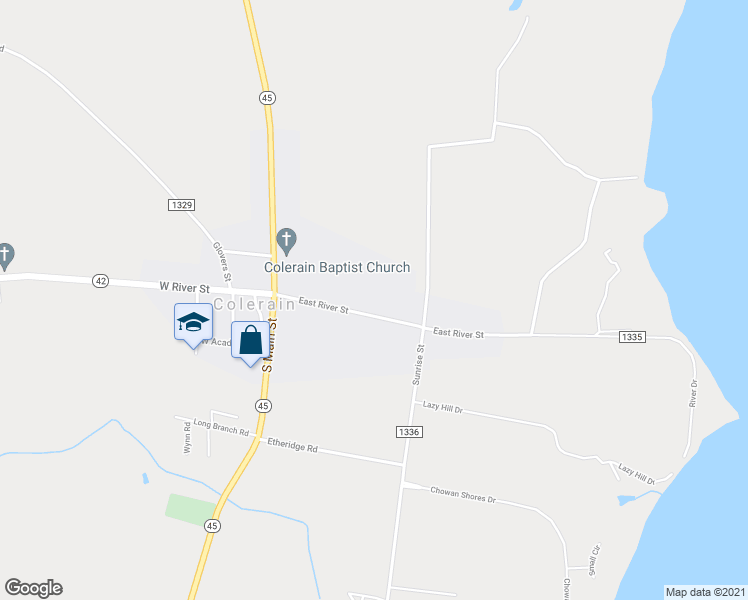 map of restaurants, bars, coffee shops, grocery stores, and more near 305 East River Street in Colerain