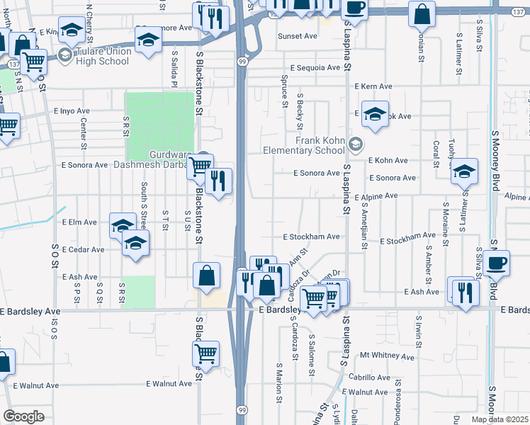map of restaurants, bars, coffee shops, grocery stores, and more near 1400 Colleen Court in Tulare