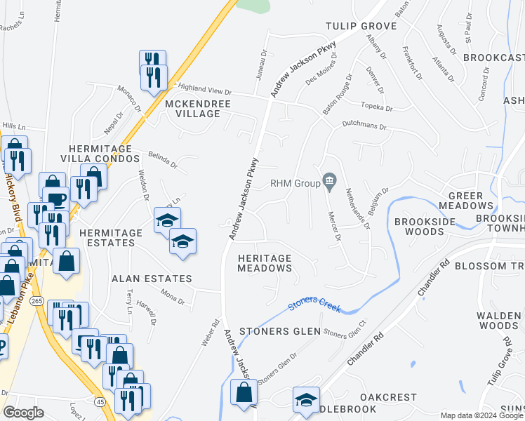 map of restaurants, bars, coffee shops, grocery stores, and more near 4307 Baton Rouge Drive in Nashville