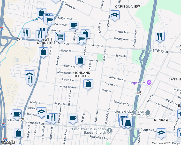 map of restaurants, bars, coffee shops, grocery stores, and more near 1830 Joy Circle in Nashville