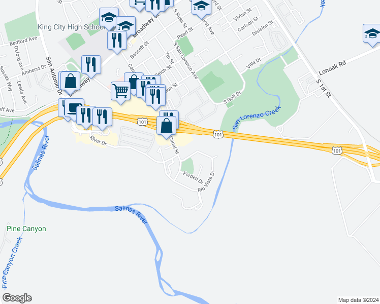 map of restaurants, bars, coffee shops, grocery stores, and more near 270 Rio Vista Drive in King City