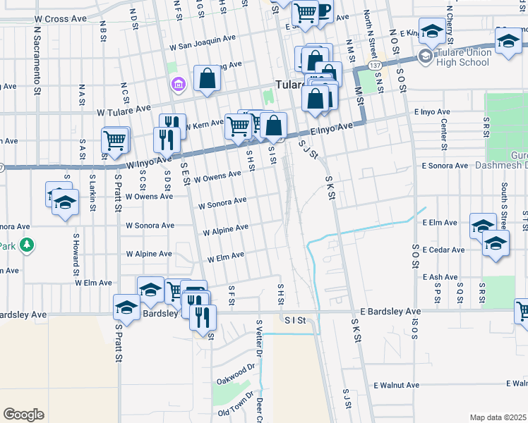 map of restaurants, bars, coffee shops, grocery stores, and more near 562 South H Street in Tulare