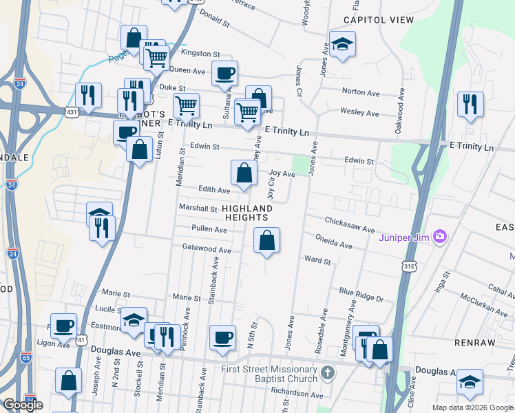 map of restaurants, bars, coffee shops, grocery stores, and more near 1605 Lischey Avenue in Nashville