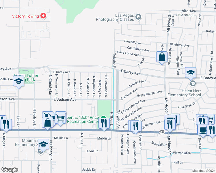 map of restaurants, bars, coffee shops, grocery stores, and more near 2286 North Glenwood Lane in Las Vegas