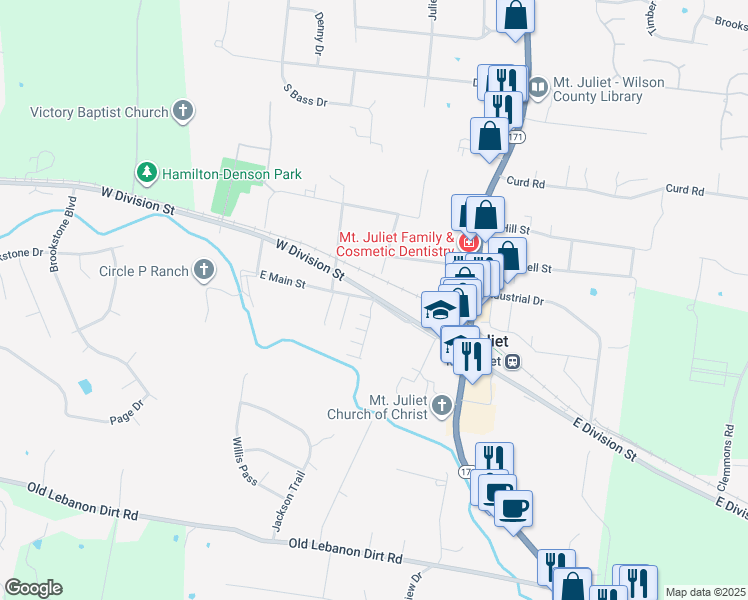 map of restaurants, bars, coffee shops, grocery stores, and more near 147 Hickory Station Lane in Mt. Juliet
