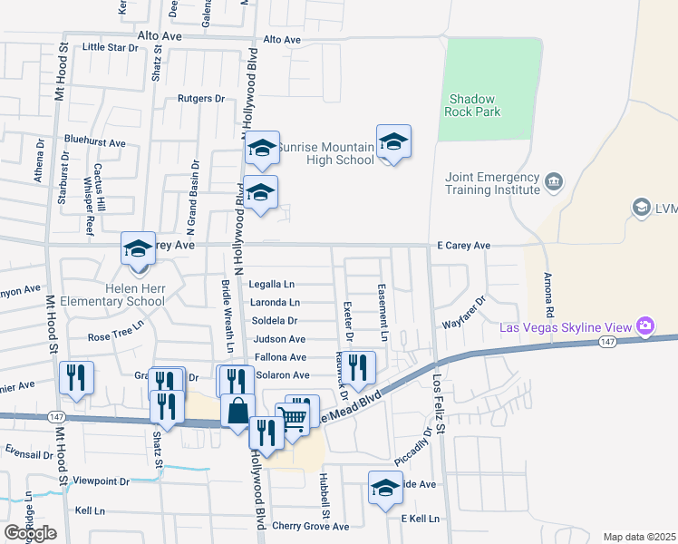 map of restaurants, bars, coffee shops, grocery stores, and more near 2353 Exeter Drive in Las Vegas