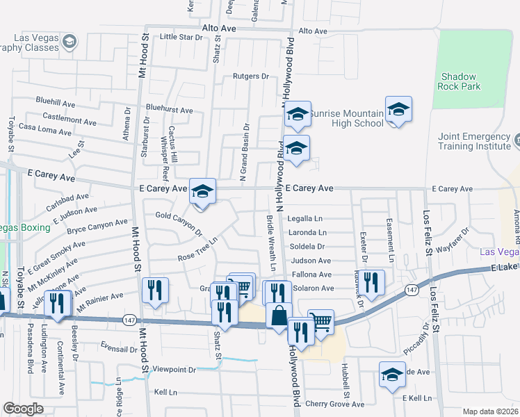 map of restaurants, bars, coffee shops, grocery stores, and more near 2317 Bridle Wreath Lane in Las Vegas