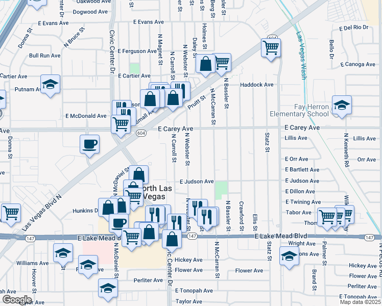 map of restaurants, bars, coffee shops, grocery stores, and more near 2238 North Webster Street in North Las Vegas