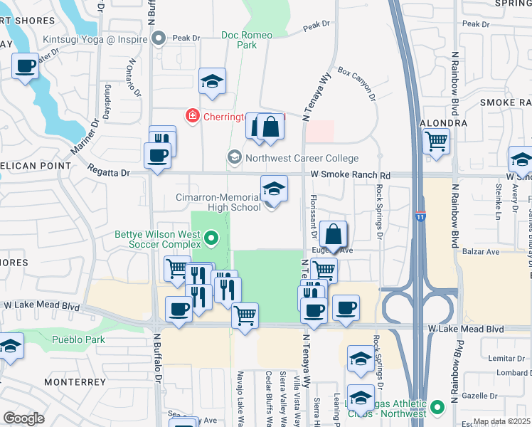 map of restaurants, bars, coffee shops, grocery stores, and more near 2301 North Tenaya Way in Las Vegas