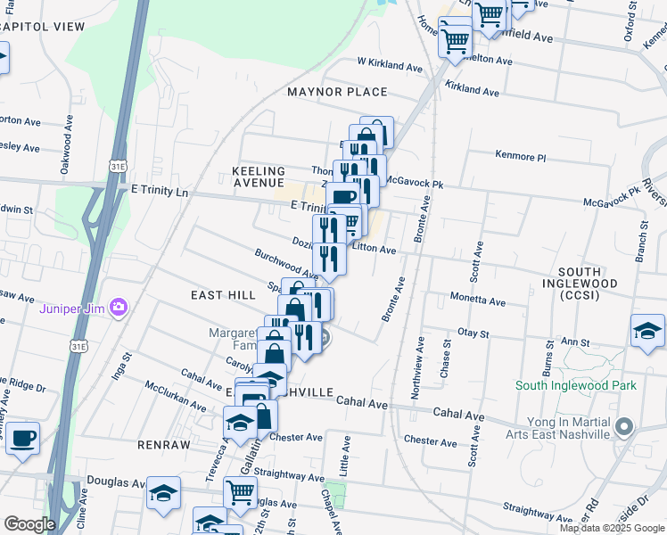 map of restaurants, bars, coffee shops, grocery stores, and more near 2814 Gallatin Pike in Nashville