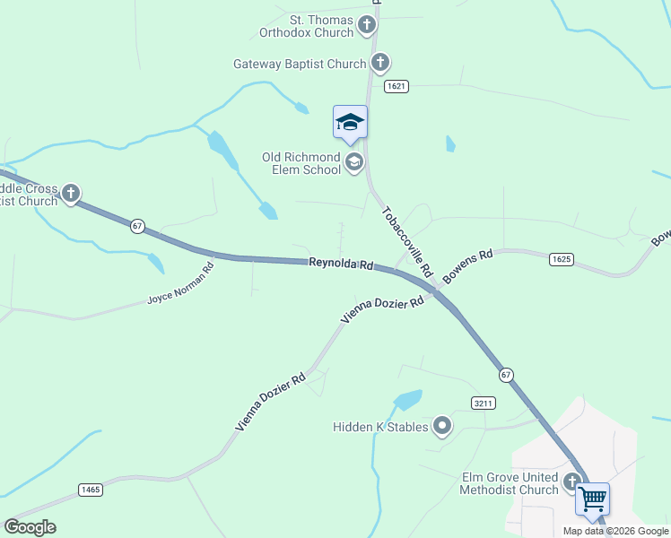 map of restaurants, bars, coffee shops, grocery stores, and more near 8010 Reynolda Road in Pfafftown