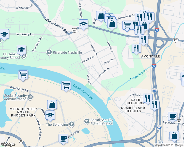 map of restaurants, bars, coffee shops, grocery stores, and more near 1601 Baptist World Center Drive in Nashville